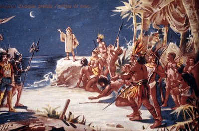 Christopher Columbus, Kızılderililer için ay tutulmasını tahmin ediyor. 19. yüzyıl kromolitografisi. by Unknown artist