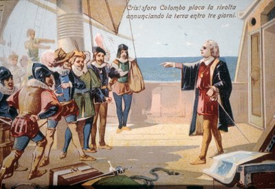 Christopher Columbus, üç gün içinde araziyi ilan ederek mürettebat isyanını durdurdu. kromolitograf 19. yüzyıl. by Unknown artist