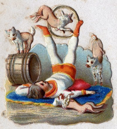 Sirk: Yakalayan hayvanların terbiyecisi, bir çemberden geçen de dahil olmak üzere köpeklere sahiptir. 1890 civarında kromolitografi. by Unknown artist