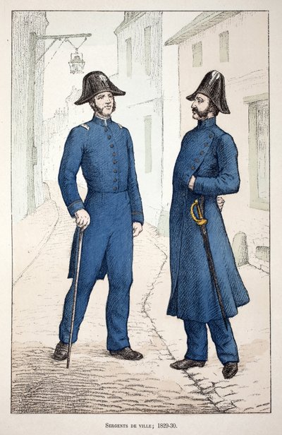Şehir Çavuşları (1829-1830). Renklerle gravür, illüstrasyon için, Seine polisi Louis Lepine (1846-1933) himayesinde, Alfred Rey (1864-?) ve Louis Feron (1862) tarafından yayınlanan “Barış Gücü Kolordu Tarihi”” kitabı -?) by Unknown artist