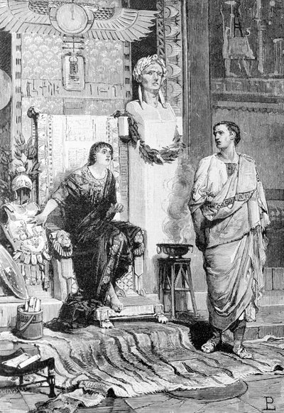 Kleopatra (MÖ 69 - MÖ 30), Mısır Kraliçesi ve Octave, Actium'un yenilmesi ve Marc Antony'nin ölümünden sonra onunla konuşmaya geldi. 19. yüzyılın gravürü. Storia d'Italia. by Unknown artist