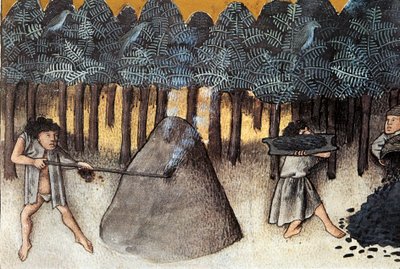 Kömür madenciliği, Thomas de Cantimpre (1201-1272) tarafından De natura rerum'dan alınan Minyatür, 13. yüzyıl Granada. üniversite Kütüphanesi by Unknown artist