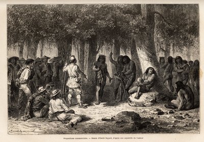 Siriniris Kızılderilileri ve sefer üyeleri arasındaki ticari teklifler, Arabanın yükseklerinde bulunan Huatinmio köyünde bir asma ve aras dalına asılmış kuş tüyleri için bıçak ve iğne değişiminin organize edilmesi by Unknown artist