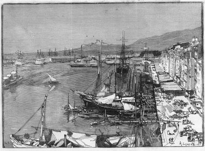 Toulon (Var), Fransa limanında ticari gemi ve cephanelik. “Resimli Dünya”da Gravür by Unknown artist