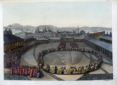 Konstantinopolis: Felicity Kapısı. Bu kapı, padişahın ailesi ve haremindeki hanımlarla birlikte yaşadığı sarayın iç kısmına geçişi sağlar. “” Eski ve modern kostümde by Unknown artist