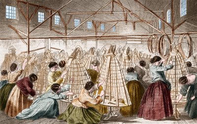 Kabarık etek fabrikaları: çember döşeme. 1865 gravürü. by Unknown artist