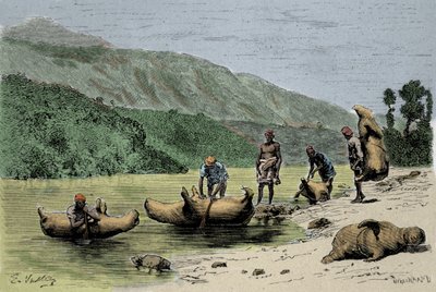 Gümrük ve taşıma yöntemleri: nehirleri geçmek için kullanılan şişirilmiş hayvanların derileri. 19. yüzyıl gravürü by Unknown artist