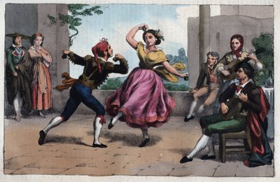 Bolero Dansı ve Granada kostümleri - Granada Bolero dansı ve kostümleri - Evrenin Tüm Halklarının “” Kullanımları ve Kostümlerinden gravür. Bu, hükümetin, yasaların, milislerin, en uzaklardan tüm ulusların dininin tarihidir. by Unknown artist