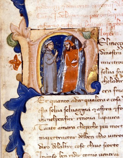Cehennemin girişinde Dante ve Virgil. (lettrine "" N "") 14. yüzyıl Milano