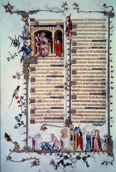 David, Saul tarafından tehdit ediliyor. Açgözlülük alegorisi. Komünyon Sacramenti. Hayırseverlik alegorisi. “Breviaire de Belleville” Mezmurundan alınan minyatür by Unknown artist