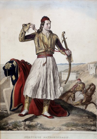 Geleneksel binici kostümü içinde Demetrius Mavromichalis - litografi by Unknown artist