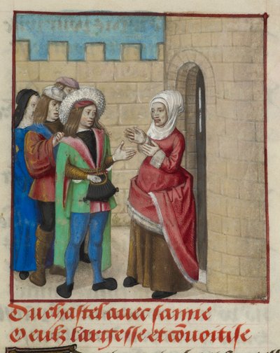'Le Roman de la Rose'dan, kaleye giren Convoitise (Açgözlülük) ve Largesse (Cömertlik) minyatürünün detayı by Unknown artist
