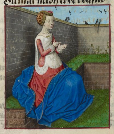 'Le Roman de la Rose'dan, duvarlarla çevrili bir bahçede oturmuş parmaklarıyla sayan bir kadının minyatürünün detayı by Unknown artist