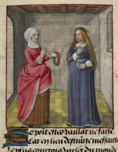 'Le Roman de la Rose'dan bir la Vieille (Duenna) ve Bel Accueil (Adil Karşılama) minyatürünün detayı by Unknown artist