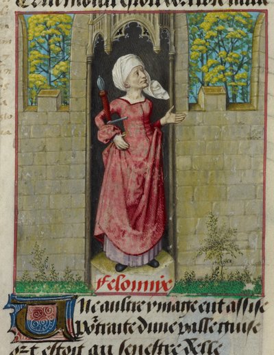Folionun ilk sütunundaki alegorik Feloniye (Suç) figürünün minyatürünün detayı, 'Le Roman de la Rose' by Unknown artist