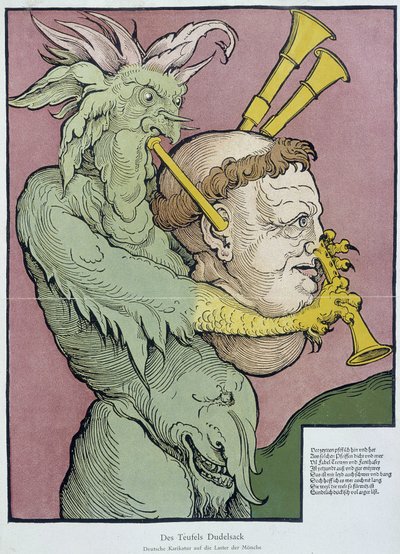 Şeytan keşiş kafasıyla gayda çalıyor - oyma by Unknown artist