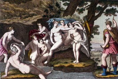 Diane, avcı Acteon tarafından banyoda yakalandı. “” Dizionario mitologico””dan gravür”” 19. yüzyıl by Unknown artist