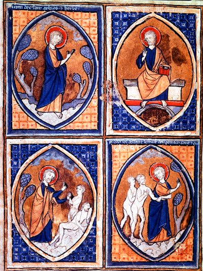 Mandorlelerde temsil edilen Dünya Yaratılışının farklı aşamaları. 13. yüzyıldan kalma bir el yazmasından minyatür. Porto, Belediye Kütüphanesi by Unknown artist