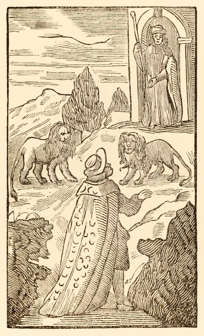 Zorluk geride kaldı, Korku önce Hacılar Bu Dünyadan Geleceklere İlerliyor John Bunyan (1628-1688) Christian aslanların arasından geçiyor Kapıcı Dikkatli bakarken by Unknown
