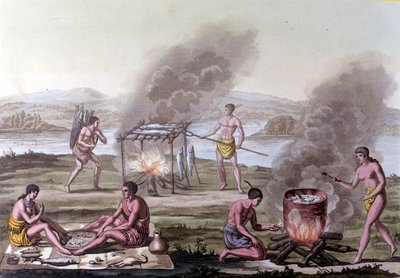 Florida Kızılderilileri arasında yemek ve yemek pişirme sahnesi. 17. yüzyıl gravürü. by Unknown artist
