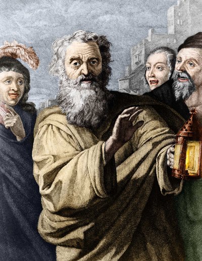 Diogenes (sinik filozof) ve dürüst bir adam aradığı feneri. 19. yüzyıl gravürü. by Unknown artist
