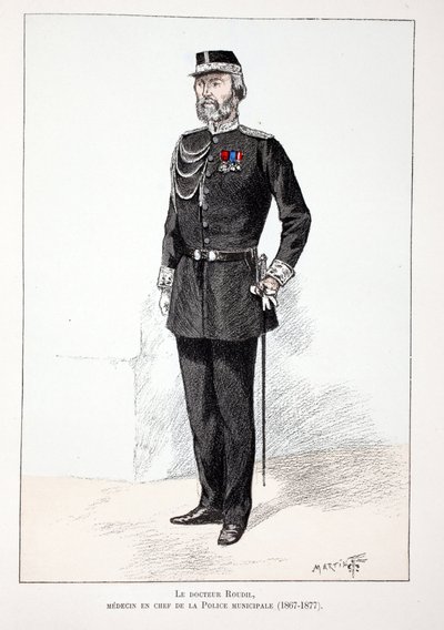 Dr. Roudil, belediye polisinin başhekimi (1867-1877). Seine Polisi Louis Lepine (1846-1933) himayesinde yayınlanan “Barış Muhafızları Kolordu Tarihi” kitabı için renkli gravür, A. by Unknown artist