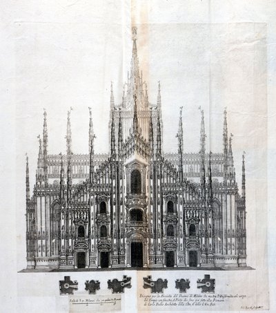 Binanın gövdesiyle tek biçimliliğini gösteren Milano Duomo cephesinin çizimi. 17. yüzyılda pek çok mimari proje, yarım kalan cepheyi tamamlamak için tasarlandı. by Unknown artist