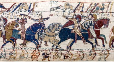 Duke William ordusuna yüzünü gösteriyor, Bayeux Goblen (keten üzerine yün işlemesi) by Unknown artist