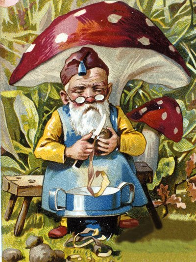 Cüce veya farfadet patates soyucu. 19. yüzyıl kromolitografisi. by Unknown artist