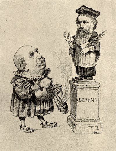 Eduard Hanslick (1825-1904) Avusturyalı müzik eleştirmeni, Brahms'a bir kaide üzerinde tapınıyor by Unknown artist