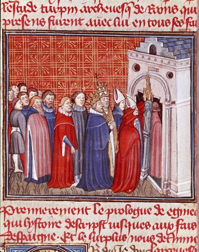 İmparator Charlemagne (742-814) bir kiliseye girer ve ardından “Les grandes Chronicles de France”dan minyatür rahipler gelir. 15. yüzyıl Chantilly, Musee Conde by Unknown artist