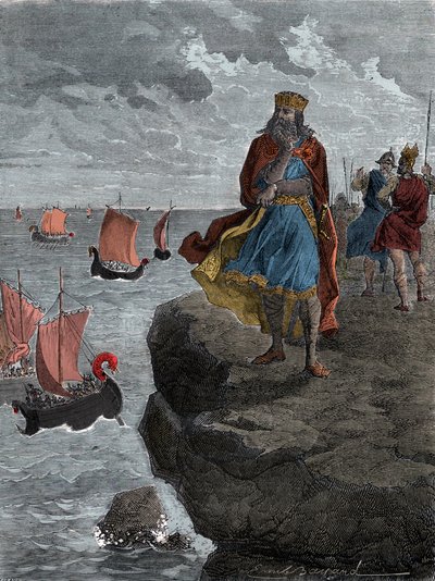 İmparator Charlemagne (Carlo Magno) Norman gemilerinin gelişini izliyor - Frankların Kralı Kral Charlemagne (742/747-814), istilacı Norsemenlerle dolu gemilere bakıyor by Unknown artist