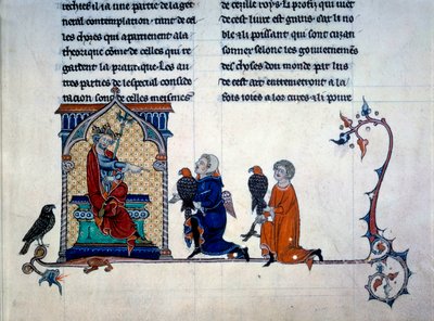 İmparator II. Frederic (1194-1250) "Kuşlarla avlanma sanatı"ndan minyatür şahinler alırken by Unknown artist