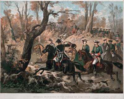 İmparator III. Napolyon (1808-1873) ve eşi Eugenia de Montijo (1826-1920) 1855 civarında renkli Compiegne Litografisi ormanında yürüyor Milano Museo del Risorgimento by Unknown artist