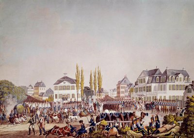 İmparator Napolyon I (1769-1821) Frankfurt'taki birlikleri gözden geçiriyor. 1813'ten gravür. Frankfurt, Tarih Müzesi by Unknown artist