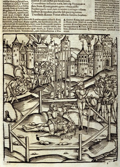 Eneide de Virgil (70 BC-19 BC), Kitap XII, Truva kahramanları Enee, Latinler ve Rutüllerin gözünde bir Turnus savaşında öldürür. Sebastian Brant (1458-1521) tarafından Xylography. Strazburg by Unknown artist