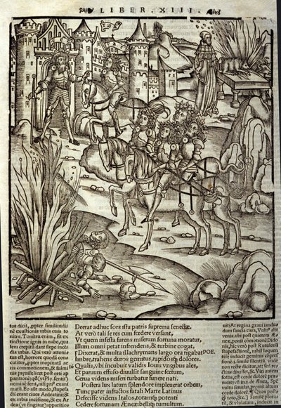 Eneide de Virgil (70 BC-19 BC), kitap XIII (ek), Truva kahramanları Enee Latinleri alır, savaş kurbanları onuruna fedakarlıklar yapılır. Sebastian Brant (1458-1521) tarafından Xylography. Strazburg by Unknown artist