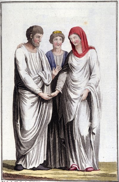 Nişan veya evlilik vaadi: dextrarum iunctio veya dürüst eller birliği. 19. yüzyılın gravürü. by Unknown artist