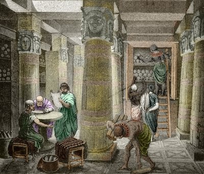 İskenderiye kütüphanesindeki bilginler, 642'de yok edildi, Mısır) (İskenderiye kütüphanesinin görünümü, Mısır) 19. yüzyıl (gravür) by Unknown artist