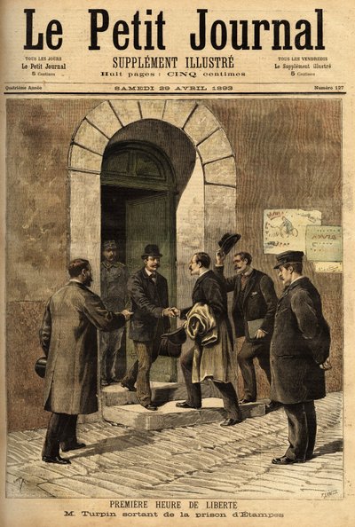 Eugene Turpin (1848-1927), kimyager, 1884'te melinit (bir patlayıcı) mucidi, haksız yere buluşunu düşmana satmakla suçlandı, masumdu ve Etampes hapishanesinden serbest bırakıldı. “” Le petit Journal” da gravür 29/04/1893. Selva'nın koleksiyonu by Unknown artist