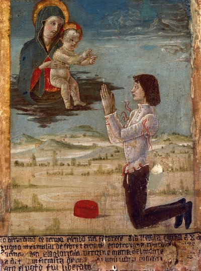 Madonna ve Çocuğu dizlerinin üzerinde dua eden bir adamla tasvir eden eski voto, St Maria del Monte Manastırı, Cesena, Emilia-Romagna, İtalya by Unknown artist