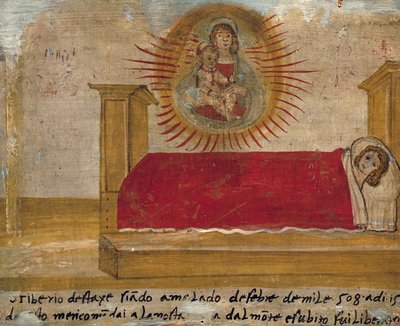 Madonna ve Çocuğu hastayla yatakta tasvir eden eski voto, St Maria del Monte Manastırı, Cesena by Unknown artist