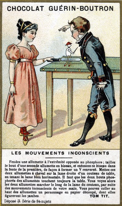 Kibrit ve bıçaklı iki çocuğun deneyimi. Guérin Boutron çikolata ambalajının kromolitografisi. by Unknown artist