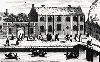 Guillaume de Nassau tarafından 1575 yılında kurulan Leiden Üniversitesi binasının dış görünümü. “” Illustrium Hollandiae, etc, Ordinum, Alma academia Leydensis” den sonra gravür by Unknown artist