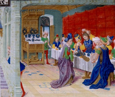Bayram yemeği sahnesi, masaya tavus kuşu servis edilir. Callisthenes veya Kallisthenes (MÖ 360-328) tarafından “La Vraye Histoire du Bon Roy Alixandre”den alınan minyatür by Unknown artist