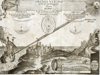 Arşimet de dahil olmak üzere Kircher tarafından açıklanan ateşli aynalar - 17. yüzyılın gravürü by Unknown artist