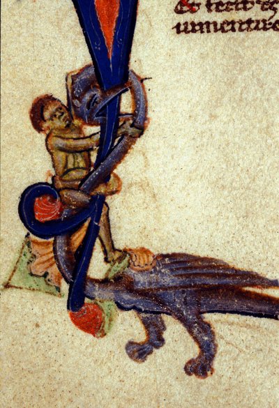 Bir ejderha ve bir adam arasındaki kavga 14. yüzyıldan kalma bir minyatürden detay by Unknown artist