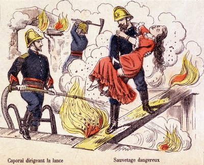 İtfaiyeci, genç bir kadını yangının alevlerinden kurtarıyor. by Unknown artist