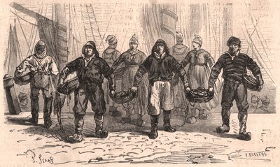 Trouville, Fransa limanının rıhtımında balık dolu sepetleri olan balıkçılar by Unknown