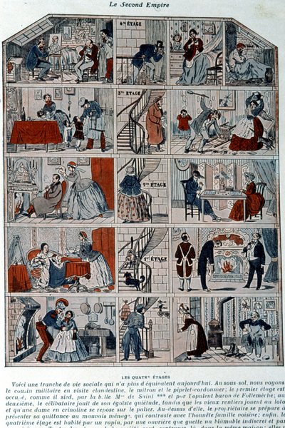 İkinci imparatorluk altındaki farklı sosyal sınıfları gösteren beş kat. Bir Paris binasının bir kesiti olarak temsil edilen illüstrasyon. by Unknown artist